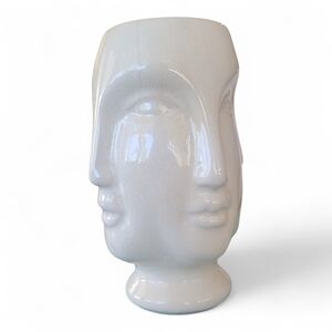 Vtg 4 FACES VASE 6” MCM Style Ceramic Crackle Glaze Ivory White Unique Gift